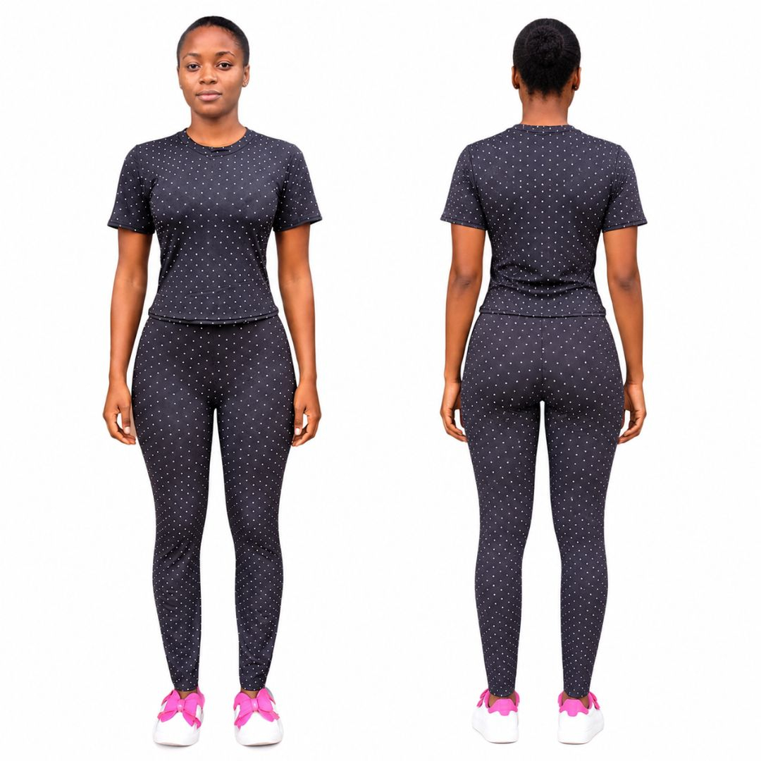 Womens Charcoal Grey Two Piece Ribbed Set with Dotted Pattern